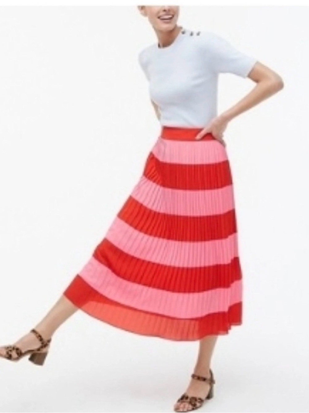 J. Crew Factory Pleated Midi Skirt in Red and Pink Stripe